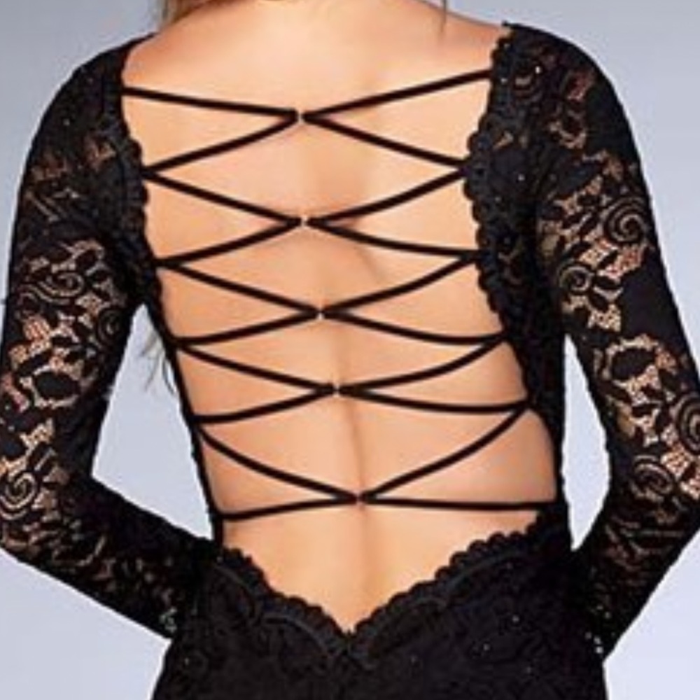 La Femme cocktail floral lace long sleeve dress